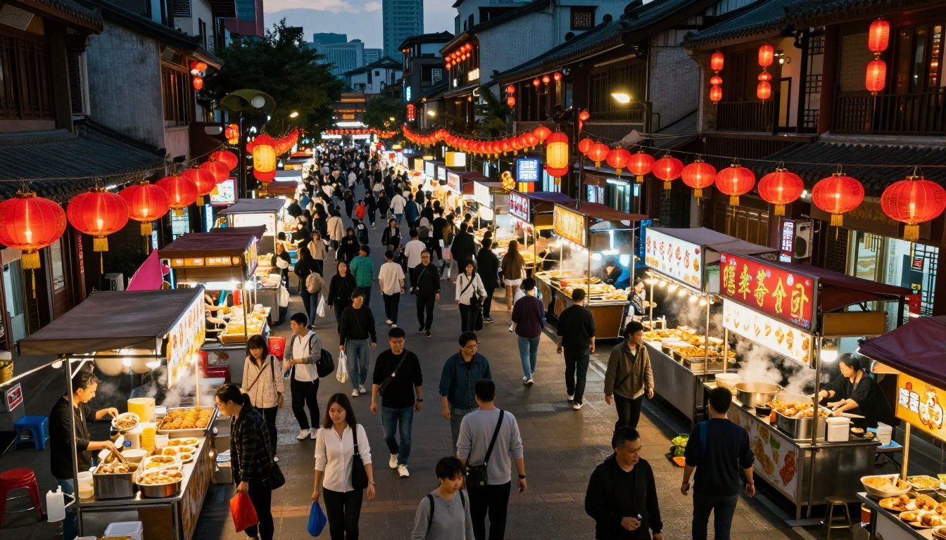 Aerial view of illuminated Taipei night market with dense crowds and colorful food stalls