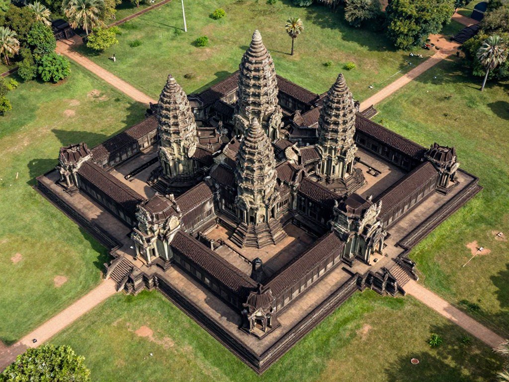 Aerial view showing Angkor Wat temple layout and architectural design