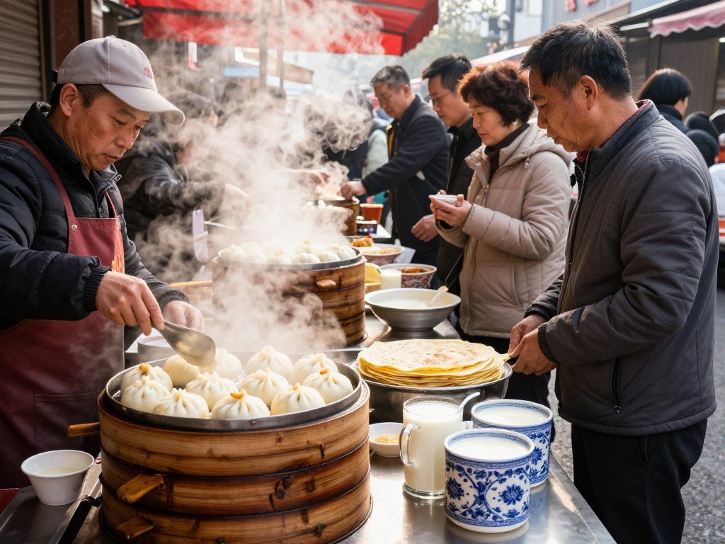 Affordable local breakfast foods at Shanghai street market