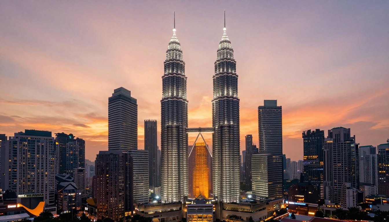 Affordable trip to Kuala Lumpur skyline with Petronas Towers at sunset