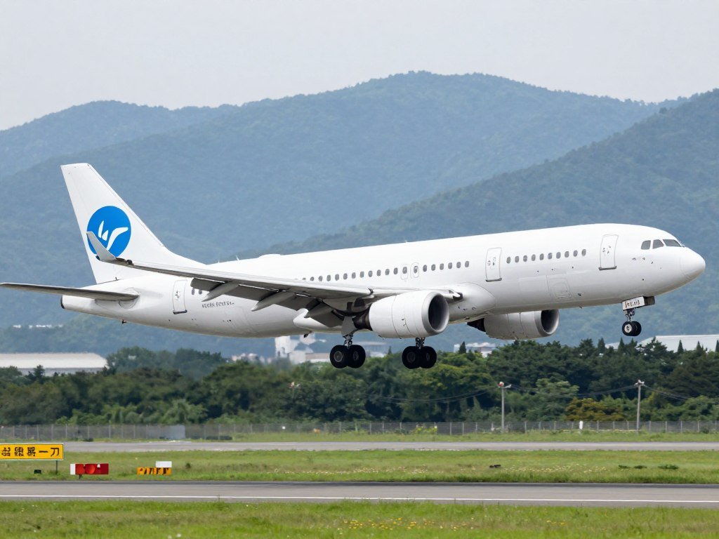 Airplane landing at New Chitose Airport with mountains