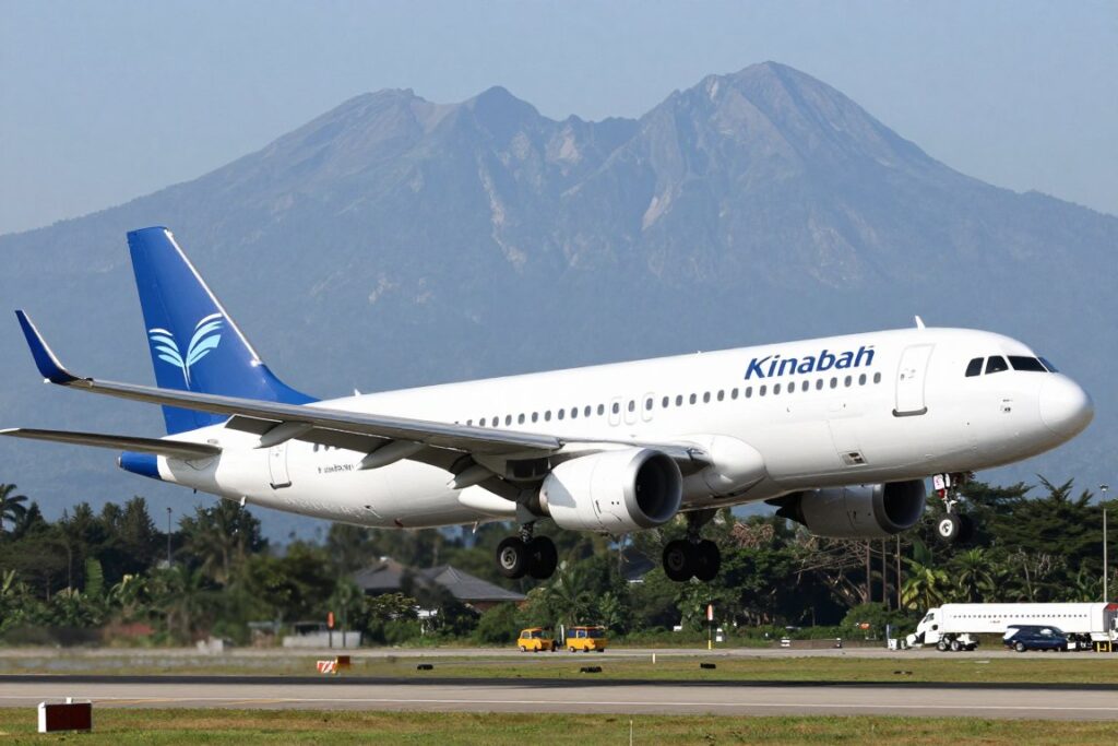 Airplane landing at airport with Mount Kinabalu visible in background