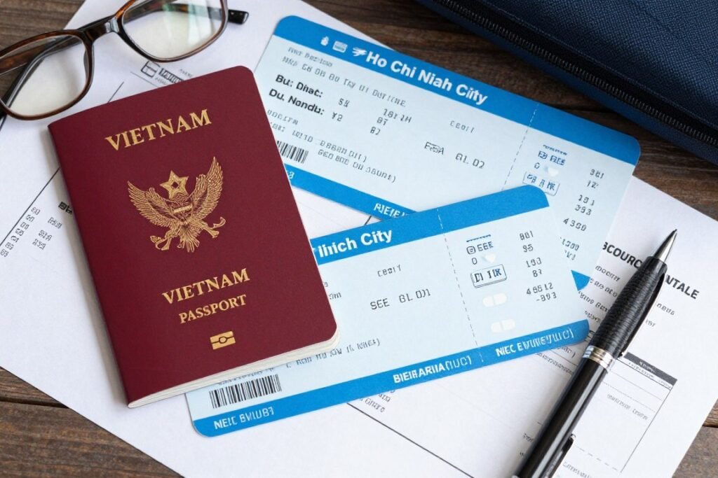 Airplane ticket and passport on travel planning desk