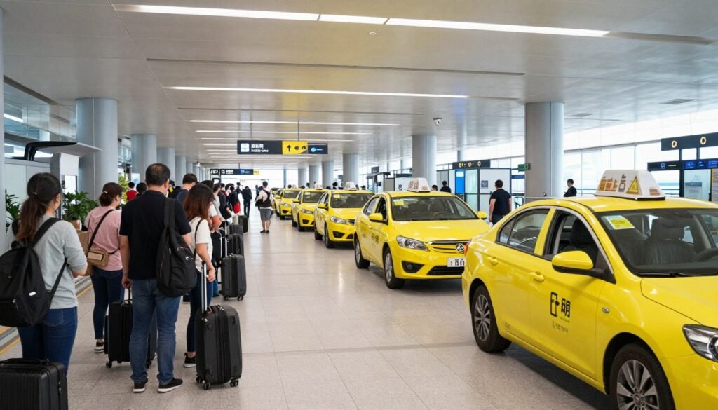 Airport taxi queue with passengers waiting
