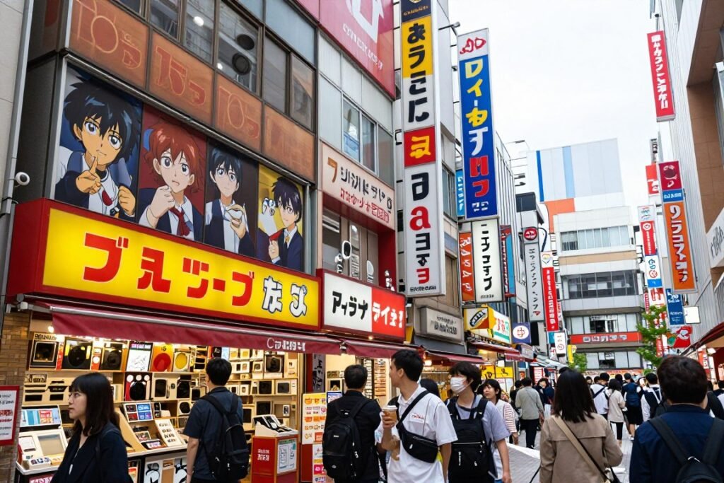 Akihabara district with electronic shops and anime advertisements
