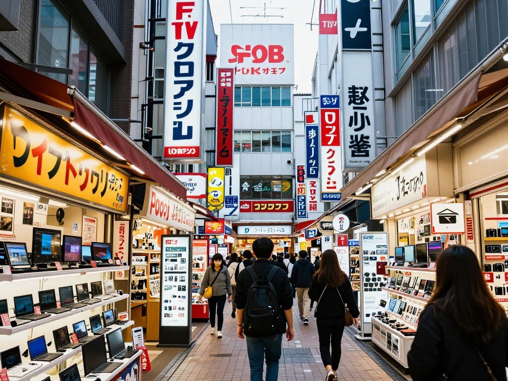 Akihabara electronics shops with bright signage
