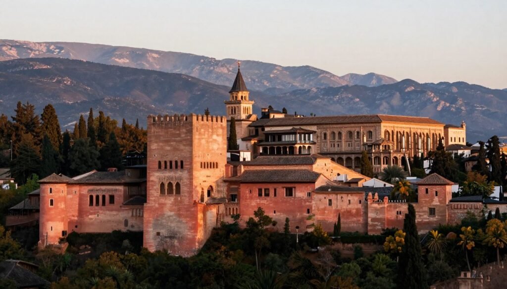 Alhambra palace complex with Sierra Nevada mountains in background