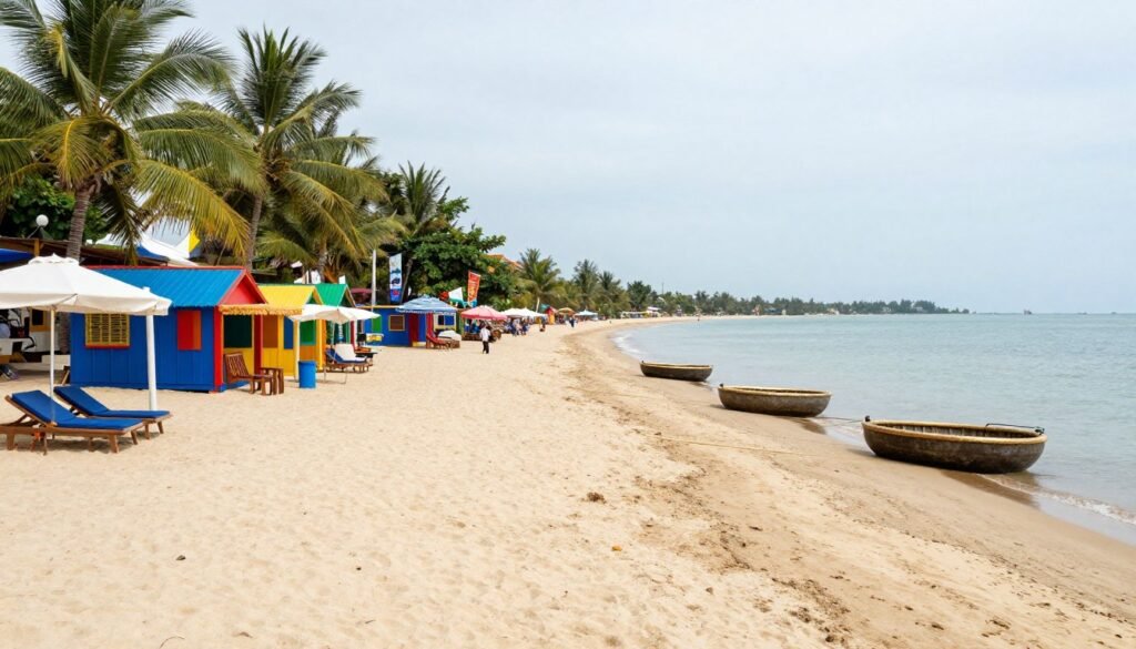 An Bang Beach Vietnam with colorful beach huts and traditional round basket boats An Bang Beach Vietnam with colorful beach huts and traditional round basket boats