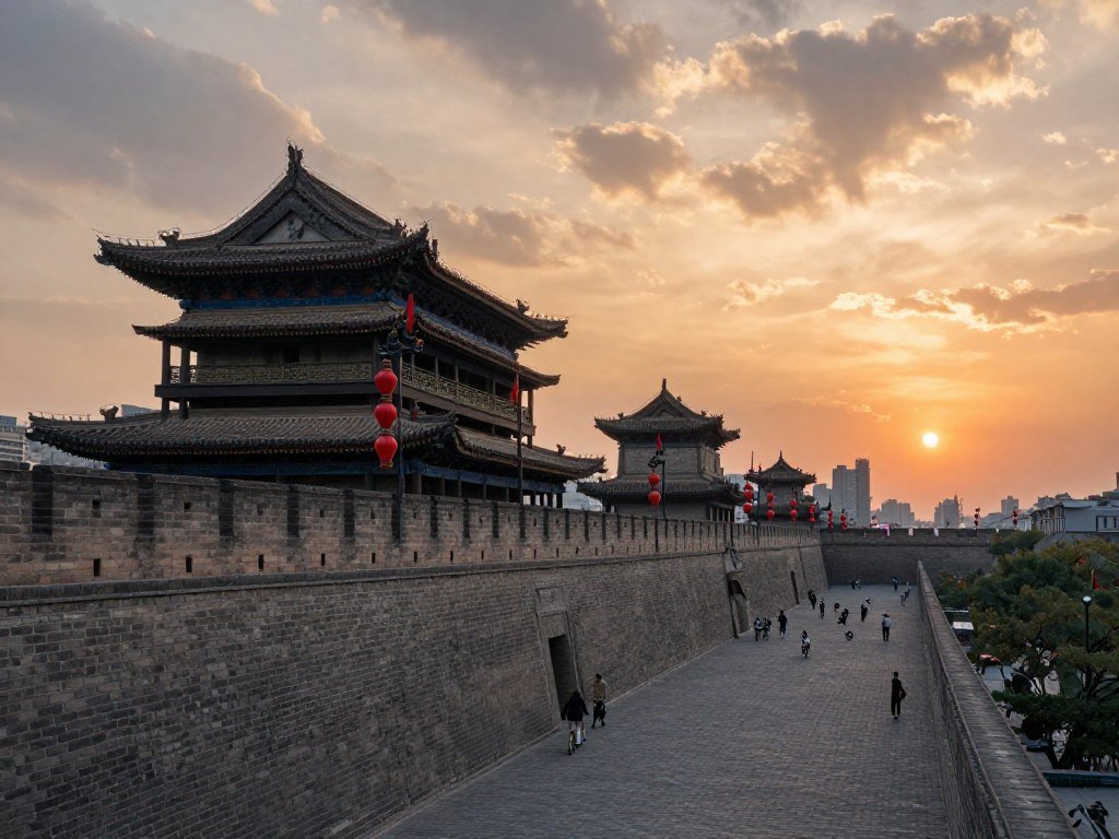 Ancient City Wall of Xi'an at sunset with lanterns illuminated