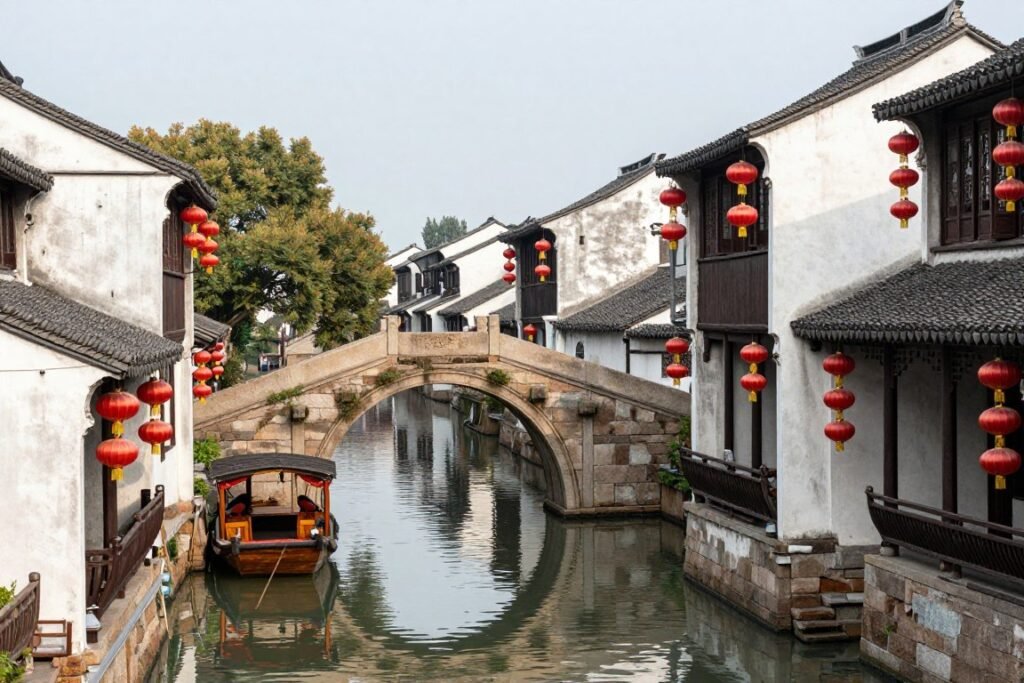 Ancient stone bridge over canal in Zhujiajiao water town near Shanghai