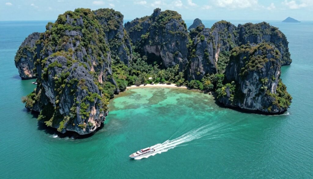 Ang Thong National Marine Park islands and emerald lagoon aerial view