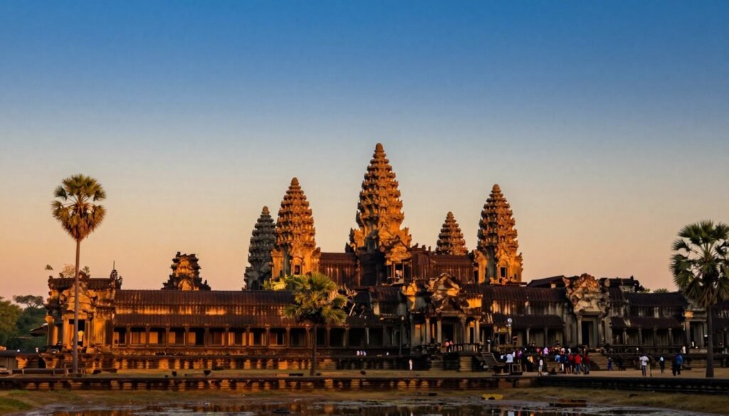 Angkor Wat at sunrise with golden light illuminating the five towers