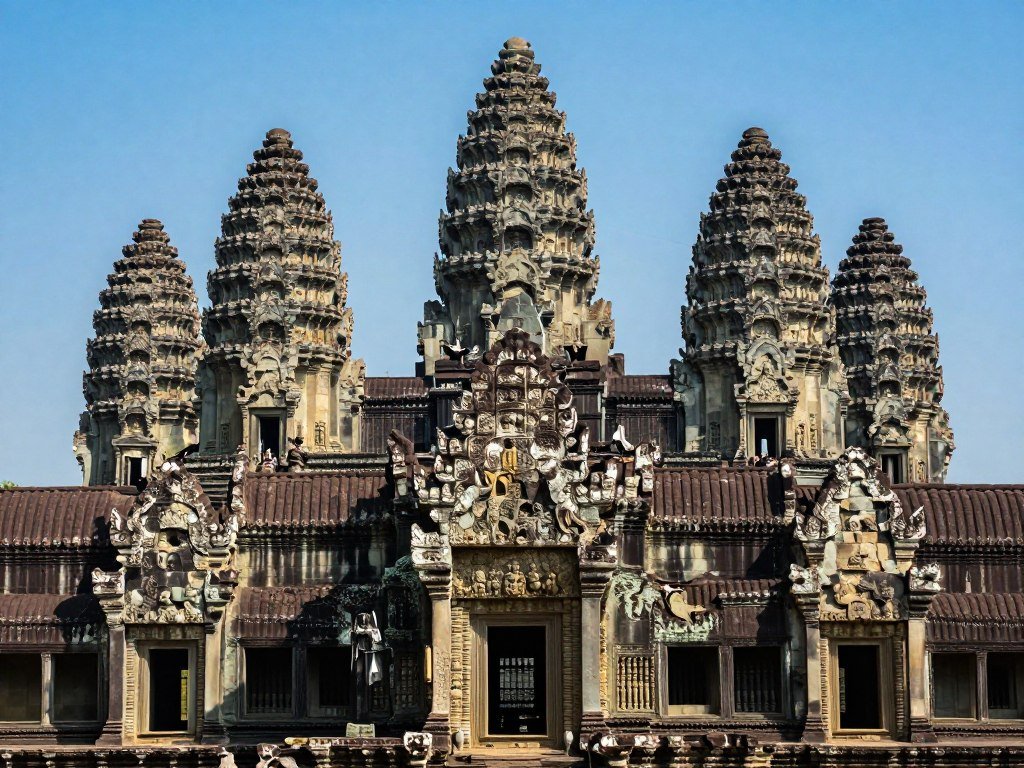 Angkor Wat main temple towers against blue sky