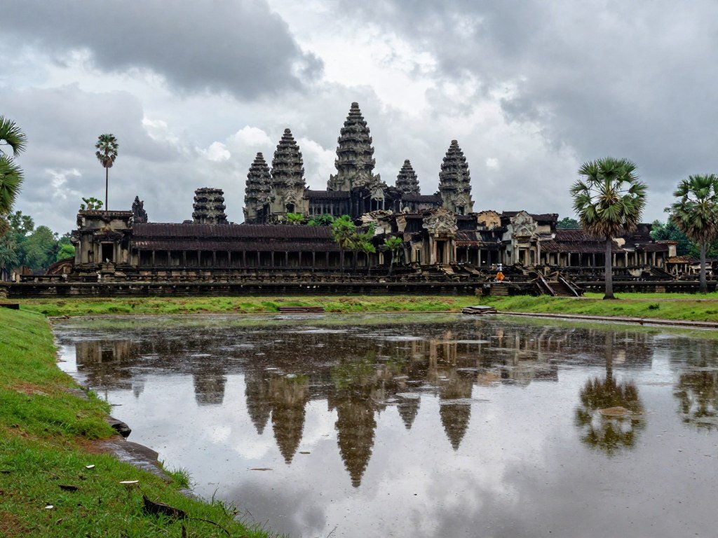 Angkor Wat reflecting in flooded moat waters during wet season