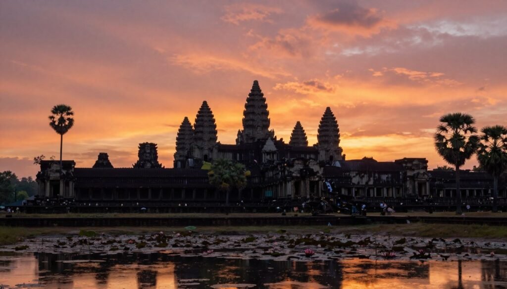 Angkor Wat temple at sunrise with orange sky reflection