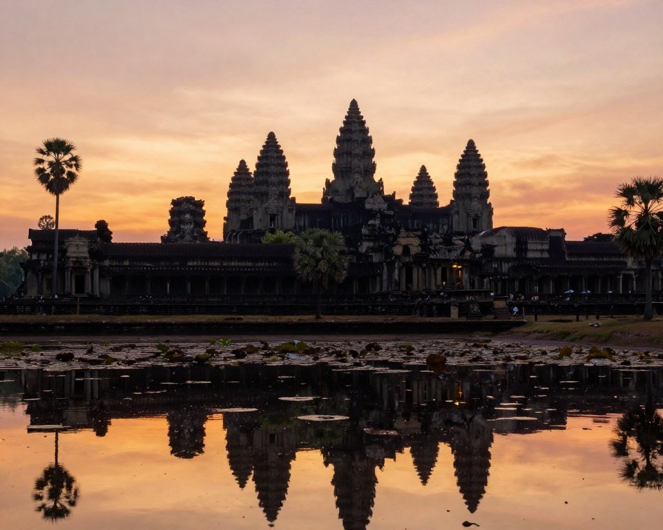 Angkor Wat temple complex at sunrise with reflection in lotus pond
