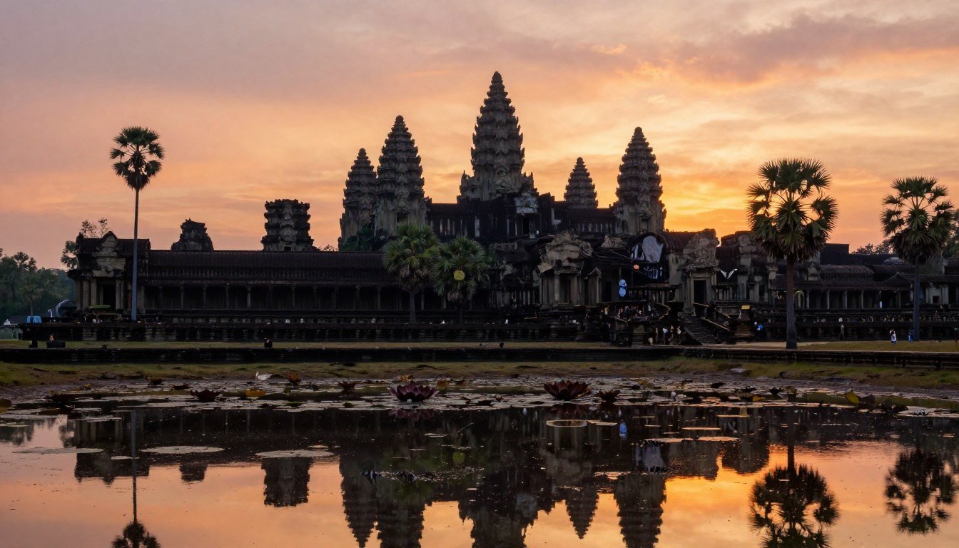Angkor Wat temple complex at sunrise with reflection in lotus pond