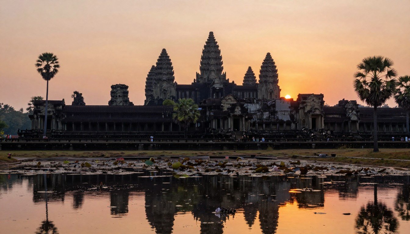 Angkor Wat temple complex at sunrise with reflection in water