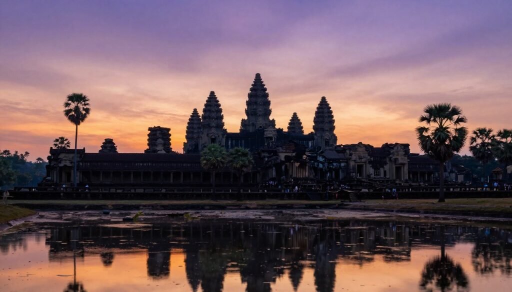 Angkor Wat temple complex reflected in water with sunrise sky