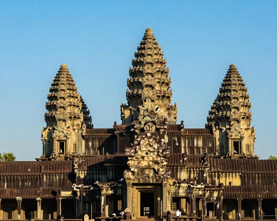 Angkor Wat temple complex with five towers against blue sky Angkor Wat temple complex with five towers against blue sky
