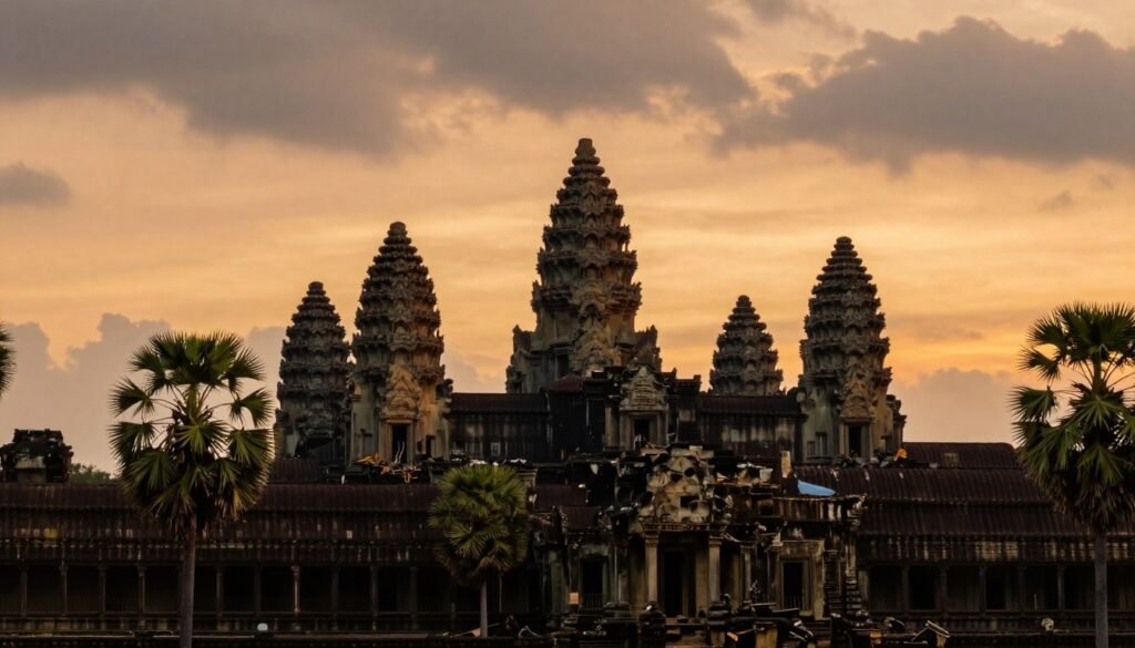 Angkor Wat towers at sunset with golden light