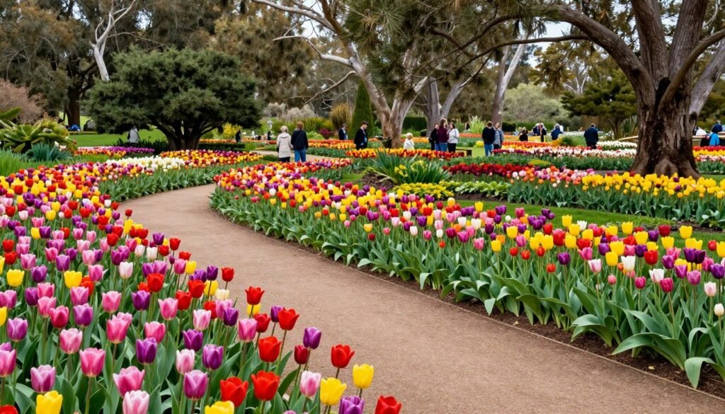 Araluen Botanic Park with colorful spring tulips in bloom
