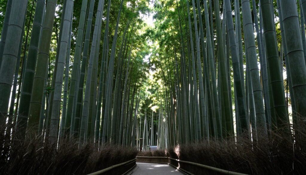 Arashiyama bamboo grove with sunlight filtering through tall stalks Arashiyama bamboo grove with sunlight filtering through tall stalks