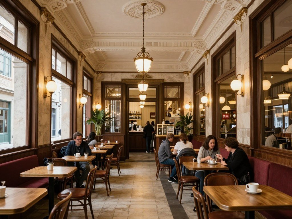 Art deco cafe interior on Braga Street with vintage furniture