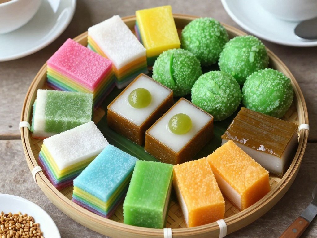 Assorted colorful Malaysian kuih traditional cakes and snacks