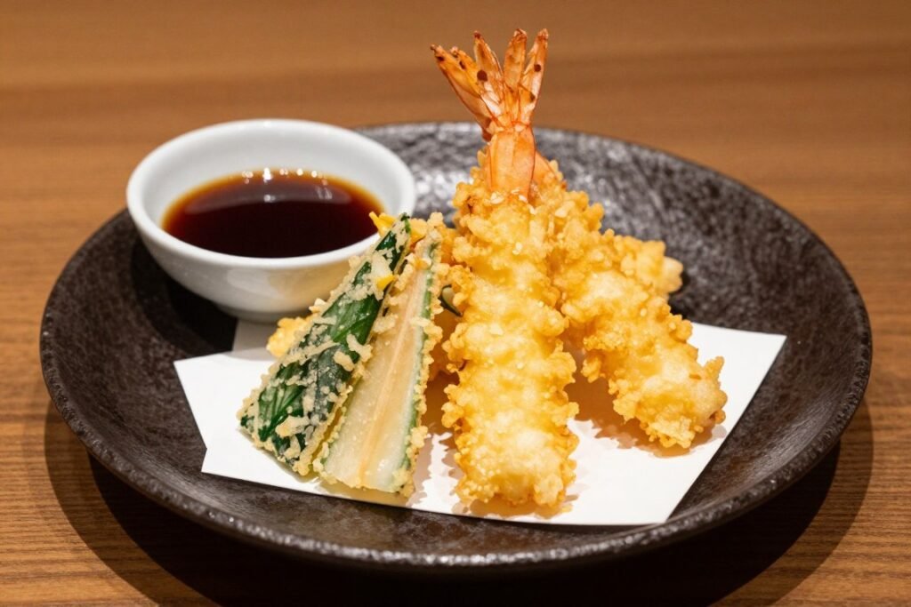 Assorted tempura pieces on traditional serving plate