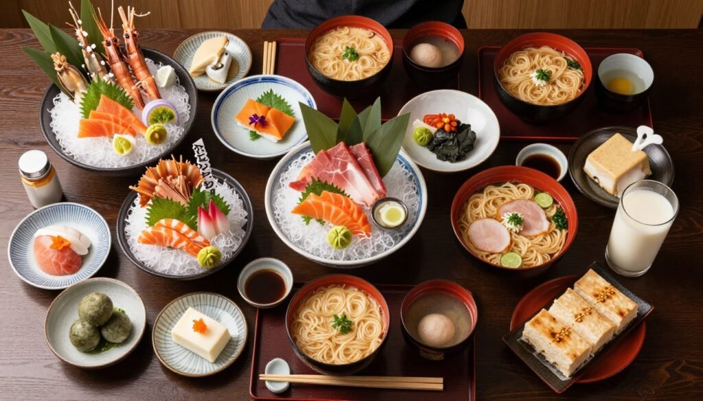 Assortment of Hokkaido specialties on traditional table setting