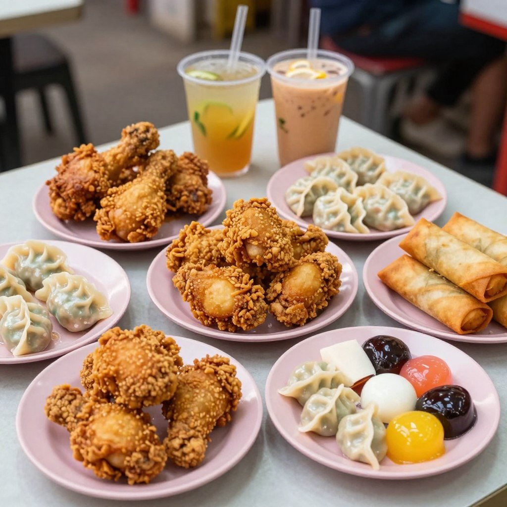 Assortment of Taiwanese street food snacks on a table Assortment of Taiwanese street food snacks on a table