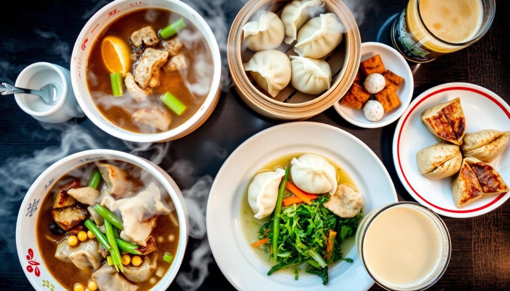 Assortment of famous Taiwanese dishes including beef noodle soup and xiaolongbao