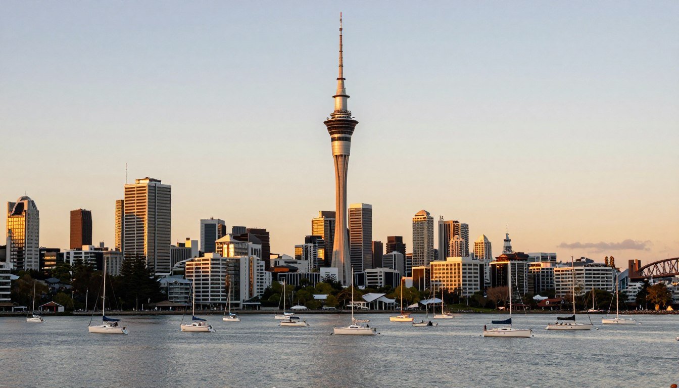 Auckland harbor skyline at sunset with sailboats and Sky Tower
