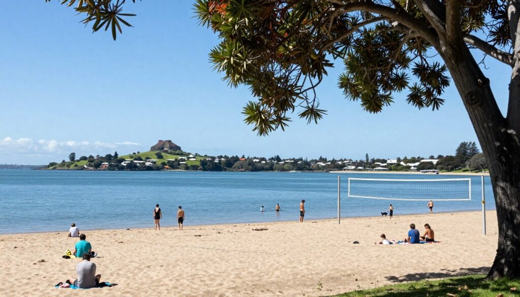 Auckland's Mission Bay beach on a sunny summer day with families