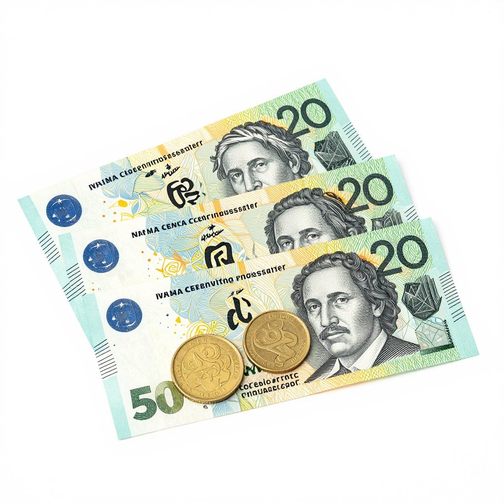 Australian dollar banknotes and coins displayed