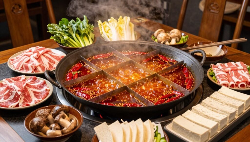 Authentic Chongqing hotpot with bubbling red broth and variety of fresh ingredients