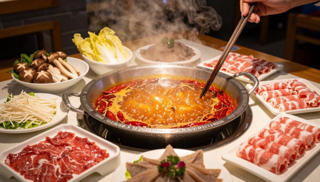 Authentic Sichuan hotpot with red broth and ingredients