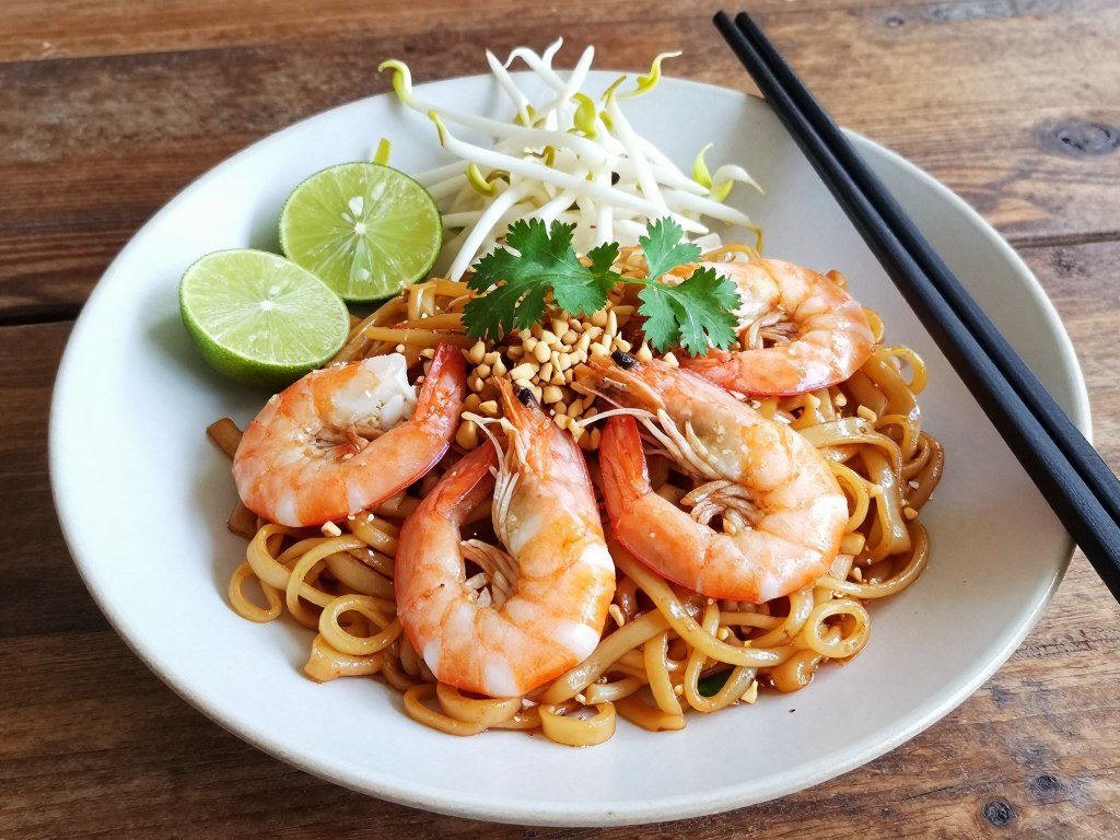 Authentic pad thai dish with shrimp, peanuts, and lime wedges on traditional plate