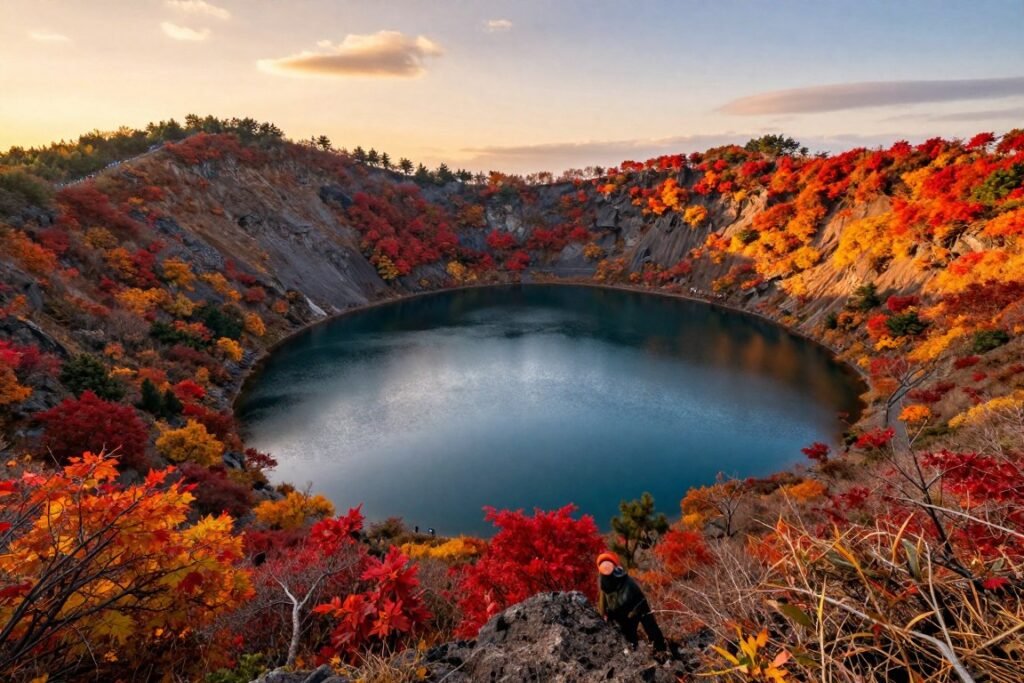 Autumn foliage surrounding volcanic crater lake on Jeju Island