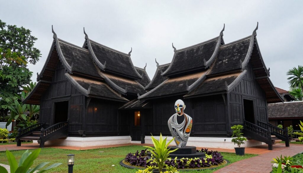 Baan Dam Museum black house buildings in Chiang Rai with dark wooden architecture