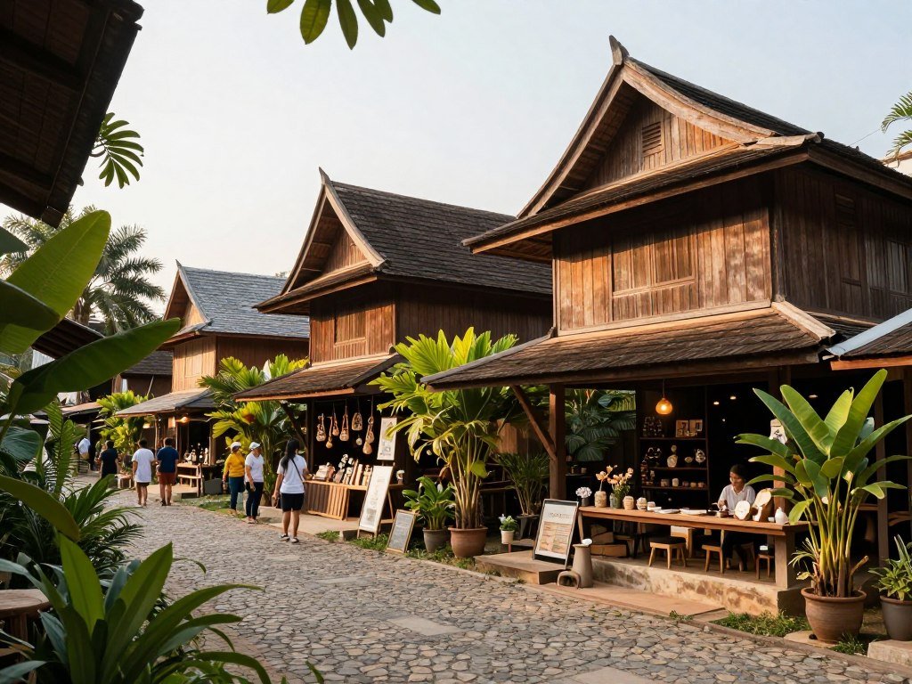 Baan Kang Wat artist village with traditional wooden houses and creative studios in Chiang Mai