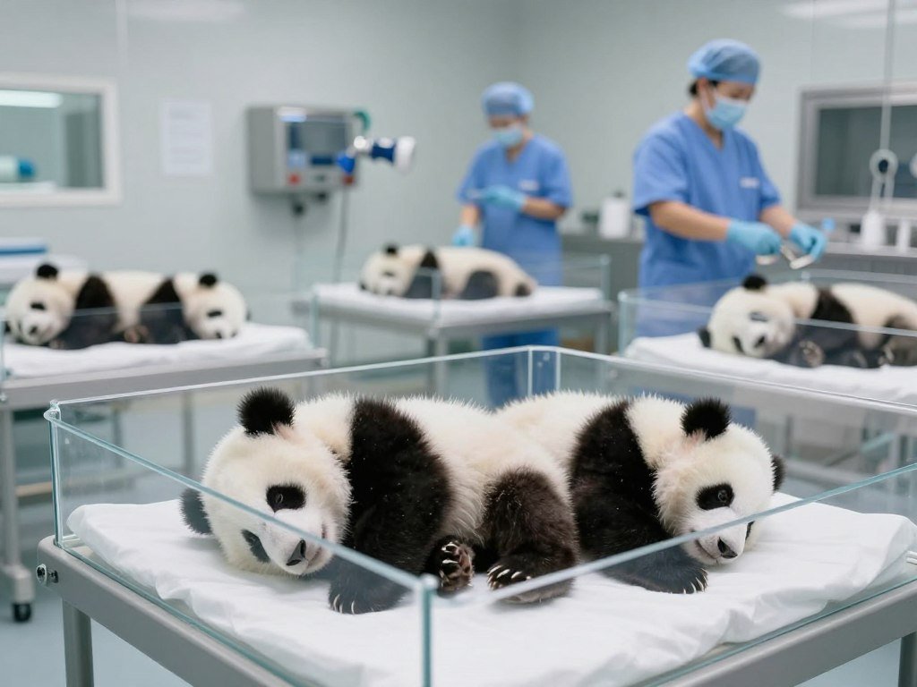 Baby panda cubs in nursery at Chengdu Panda Base