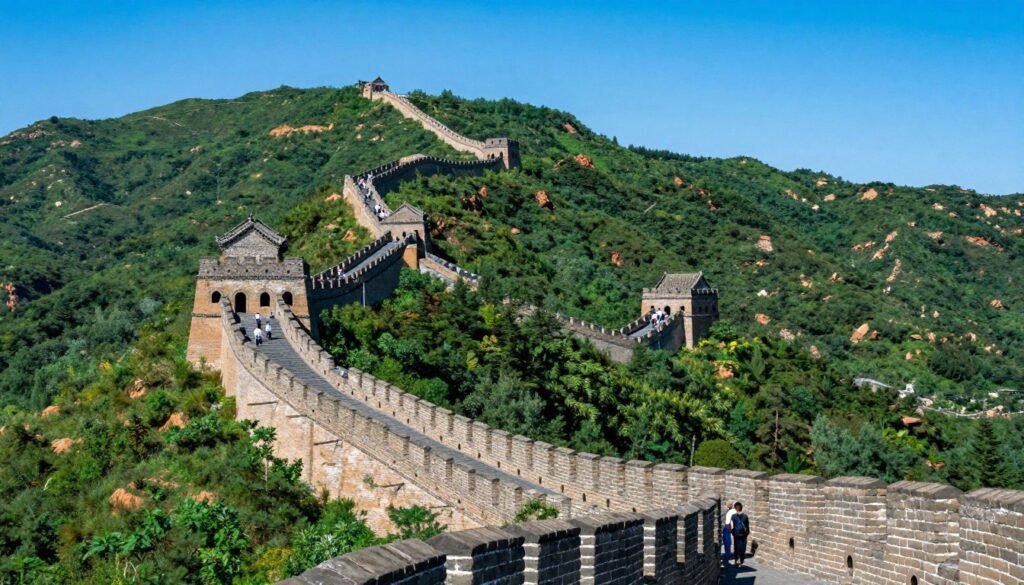 Badaling Great Wall section with watchtowers on mountain ridges Badaling Great Wall section with watchtowers on mountain ridges