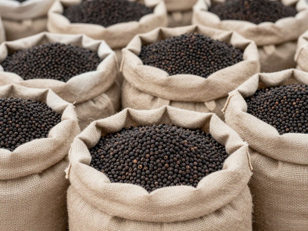Bags of fresh Phu Quoc black pepper at market