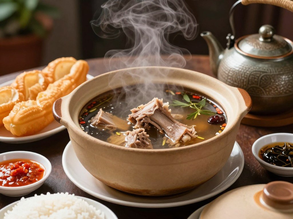 Bak kut teh pork rib soup with herbs in clay pot