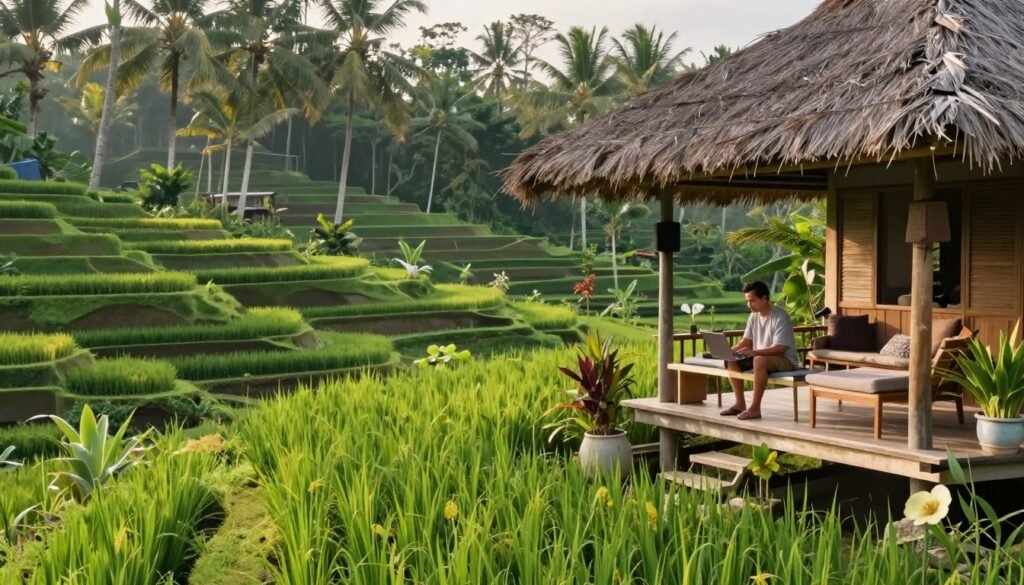 Bali rice terraces with digital nomad working at villa