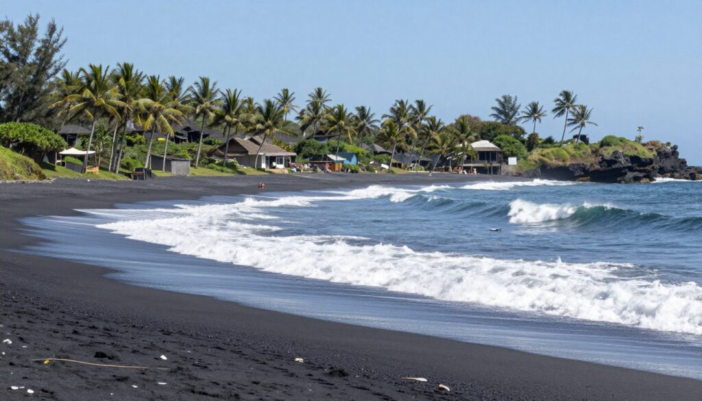 Balian Beach black sand with surf waves breaking