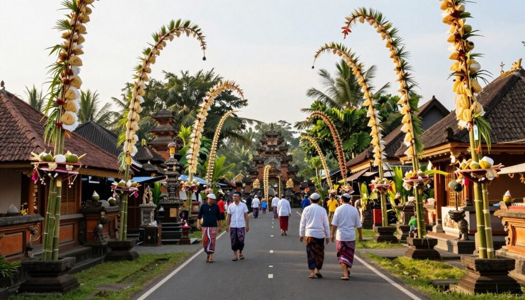 Balinese Galungan festival with penjor bamboo poles lining village streets