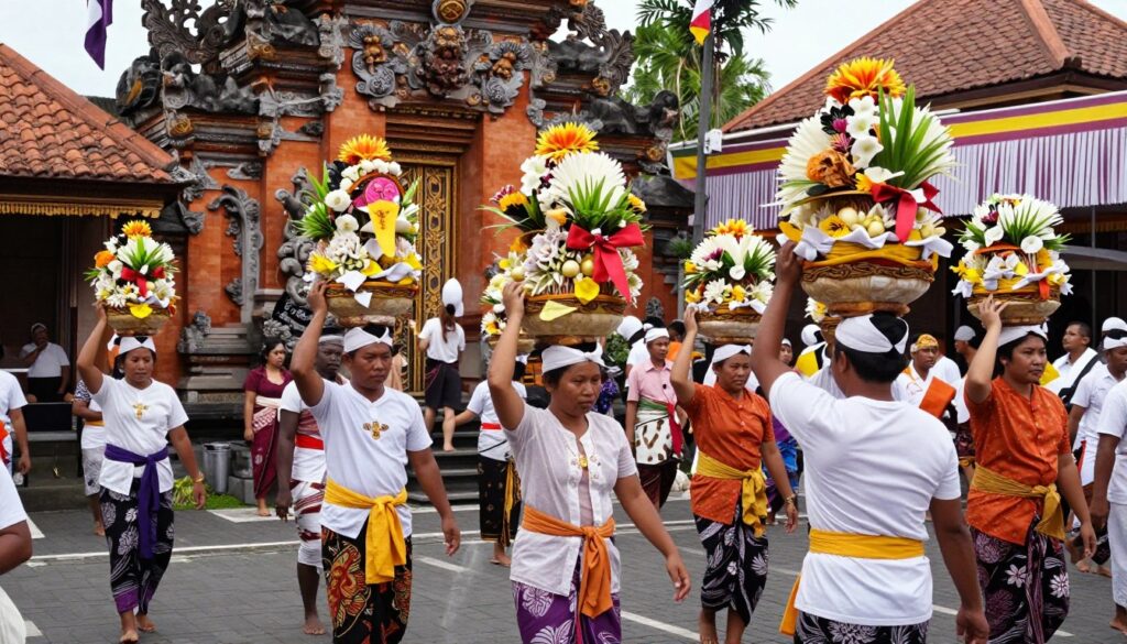 Balinese festival ceremony with traditional offerings